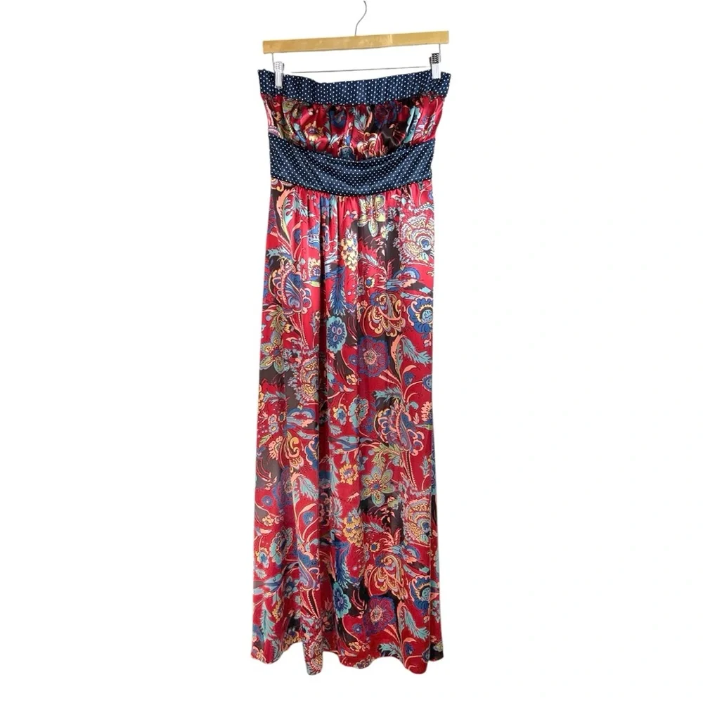 Vintage Forever 21 Blue Red Floral Strapless Maxi Satin Dress Size L Y2K Boho